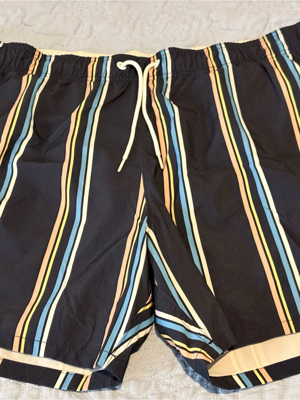 Hollister Black Swim Trunks with Blue, Yellow & Orange Stripes